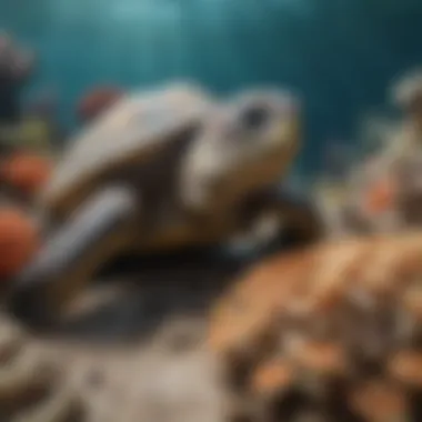 A close-up view of a sea turtle nestled among coral, showcasing its natural habitat.