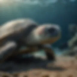 A serene underwater scene depicting a sea turtle resting on the ocean floor.