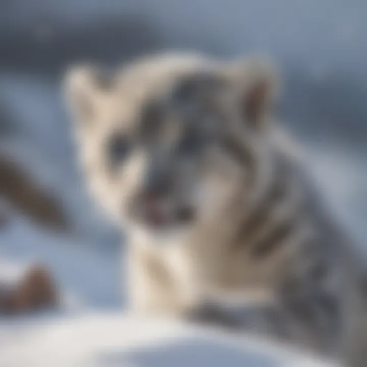 Snow leopard cub playing in the snow