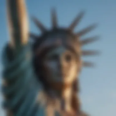 Panoramic view of the Statue of Liberty against a clear blue sky
