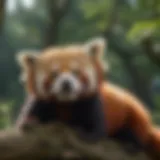A red panda resting on a tree branch in its natural habitat