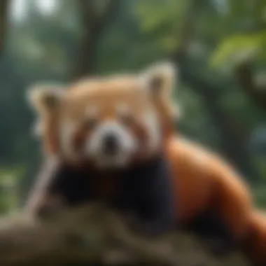 A red panda resting on a tree branch in its natural habitat