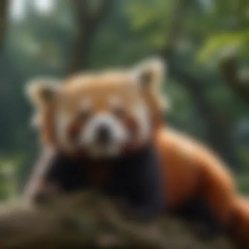 A red panda resting on a tree branch in its natural habitat