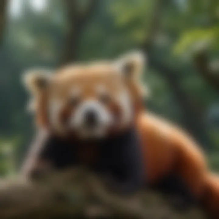 A red panda resting on a tree branch in its natural habitat
