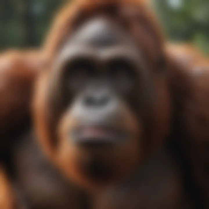 Close-up of an orangutan displaying its powerful physique
