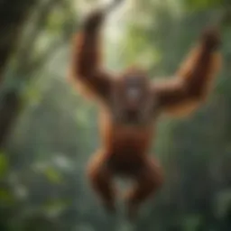 Orangutan swinging through the jungle canopy showcasing its strength and agility