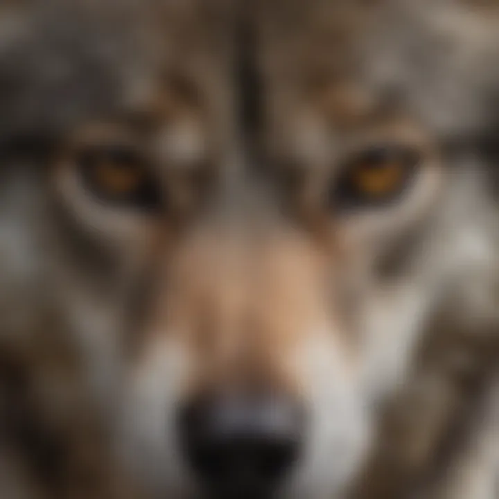 Close-up of a timber wolf's striking eyes and facial features