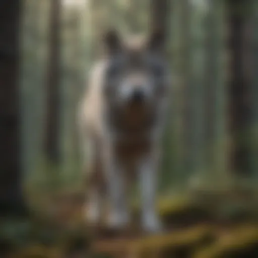 A majestic timber wolf standing in a forest setting