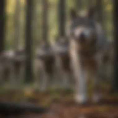 A timber wolf pack in a natural landscape, showcasing social behavior