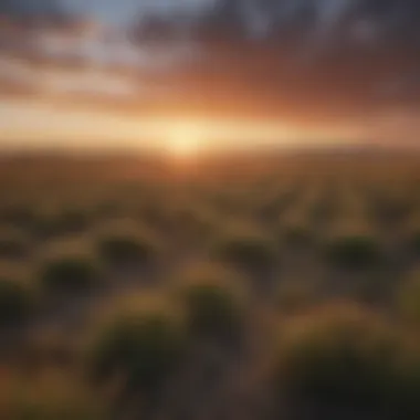 A diverse landscape of the Great Plains with vast fields and a stunning sunset.