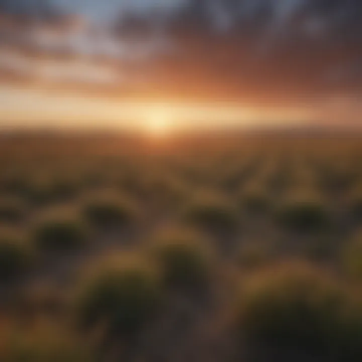 A diverse landscape of the Great Plains with vast fields and a stunning sunset.