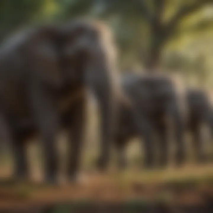 A herd of elephants interacting in a lush environment