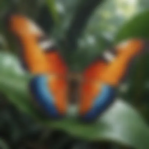 A vibrant butterfly resting on a tropical leaf