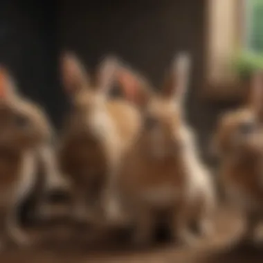 Rabbits engaging in social behavior within a group, illustrating their community dynamics.