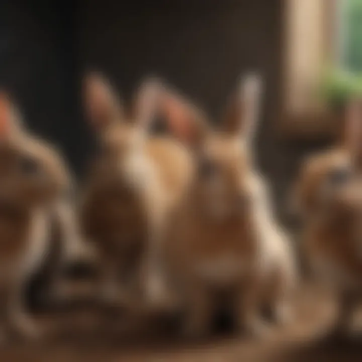 Rabbits engaging in social behavior within a group, illustrating their community dynamics.