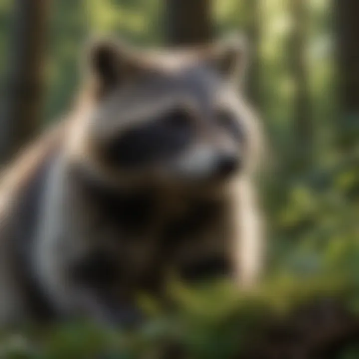 Raccoon foraging for food in a lush forest setting