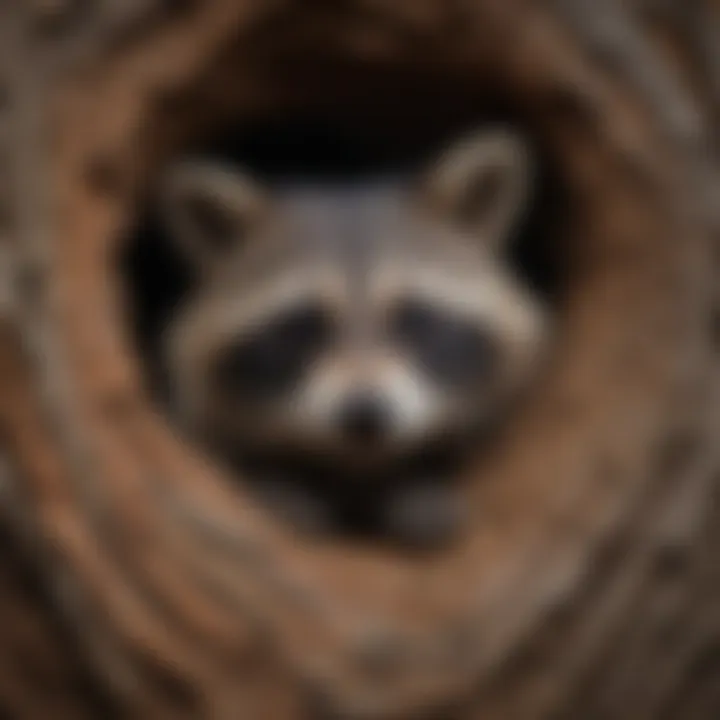 Raccoon peeking out from a hollow tree trunk