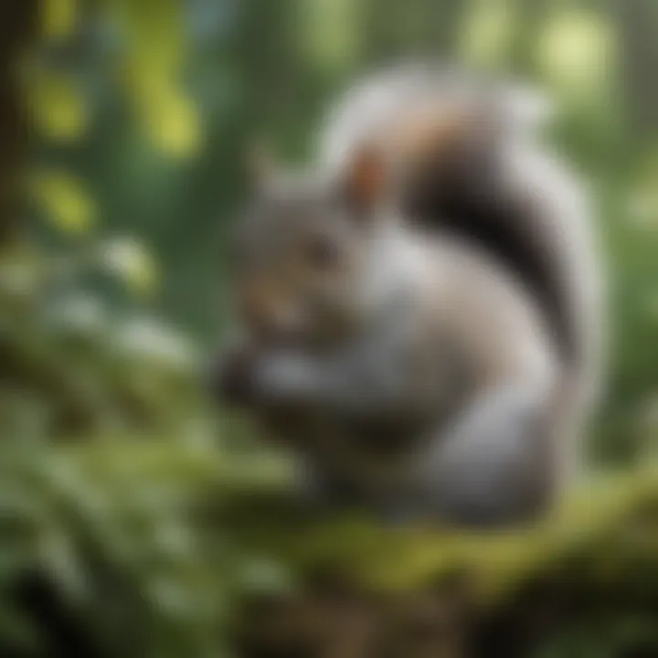 Grey squirrel foraging for food amidst lush greenery