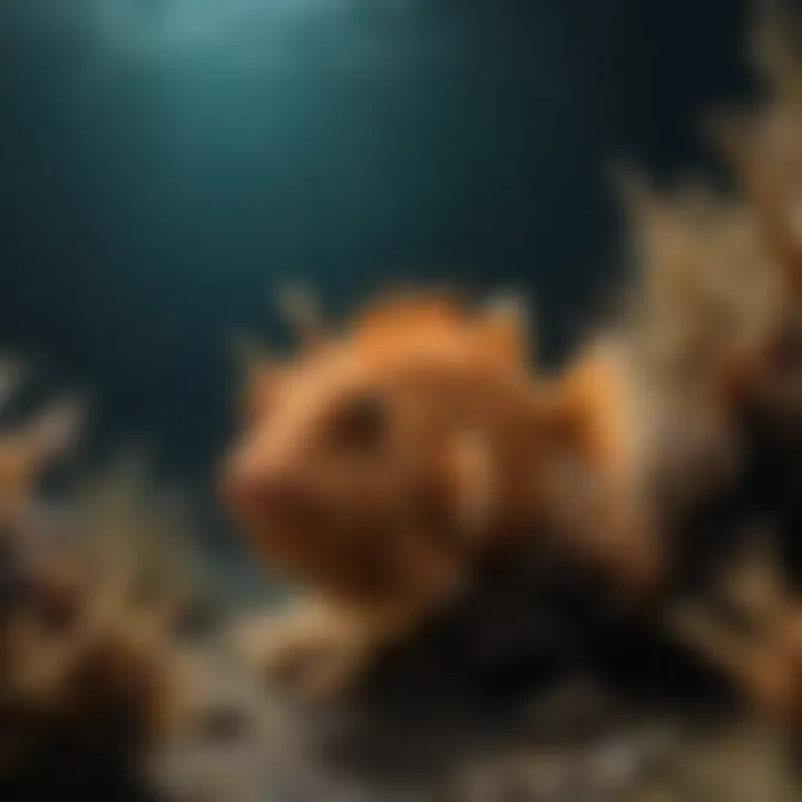 Deceptive Tactics: Frogfish's Hunting Lure Frogfish using its lure to attract prey in the deep ocean