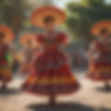 Joyful dancers in vibrant costumes performing a traditional Mexican folk dance