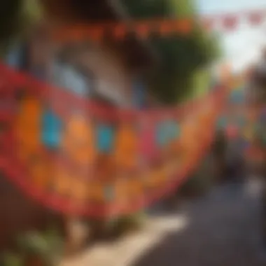 Colorful Papel Picado decorations fluttering in the breeze