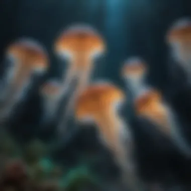 School of vibrant jellyfish pulsating in ethereal underwater light