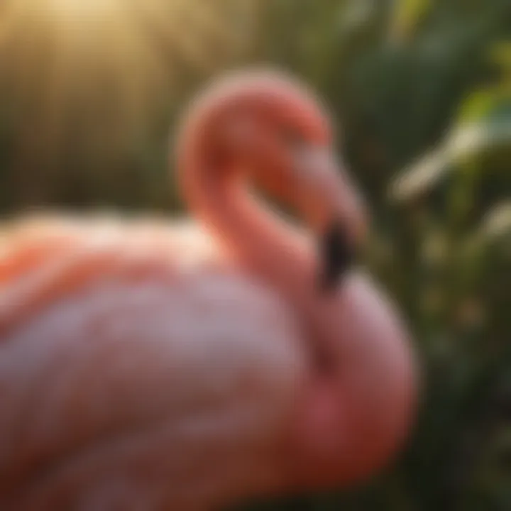 Pink flamingo showcasing its vibrant plumage under the sun's golden rays