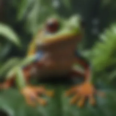 Vibrant tree frog showcasing its colorful patterns amidst tropical greenery