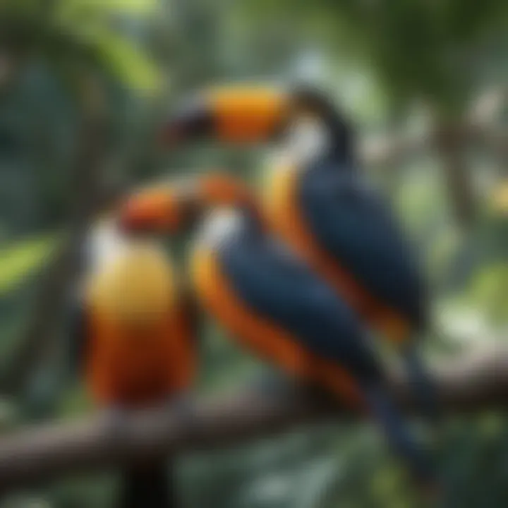 Colorful toucans perched on a tree branch