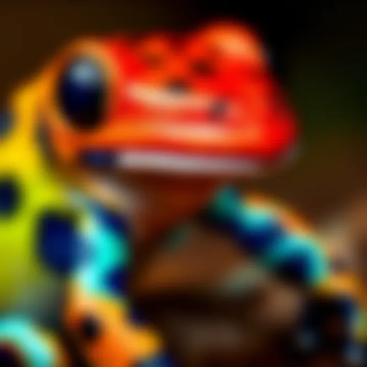 Close-up of a dart frog showcasing its bright coloration and patterns