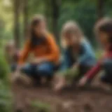 A group of children planting trees in a park