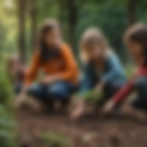 A group of children planting trees in a park