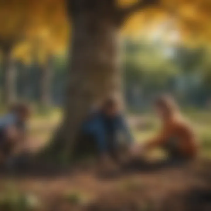 A vibrant tree with children planting flowers around it