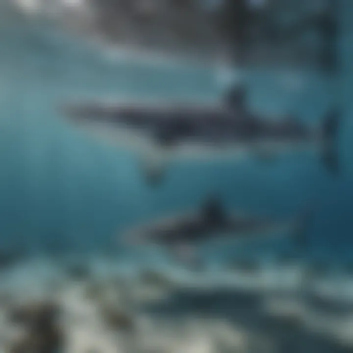 Group of whale sharks peacefully feeding on plankton near the surface