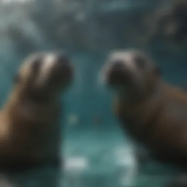 A group of playful sea lions swimming together in crystal-clear waters.