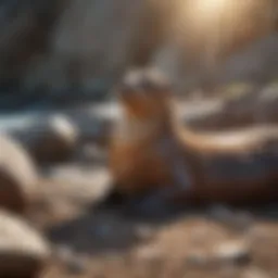 A sea lion basking on a rocky shore under the sun, showcasing its sleek body.