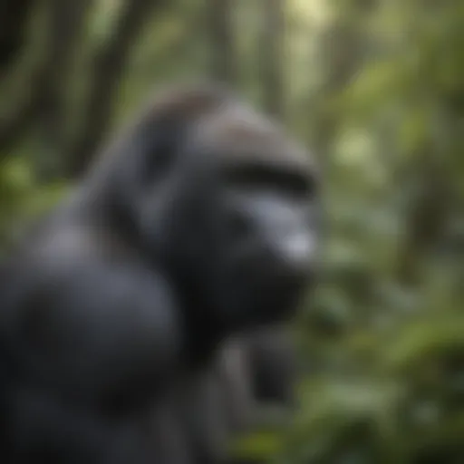 Mountain gorilla foraging in a lush green environment