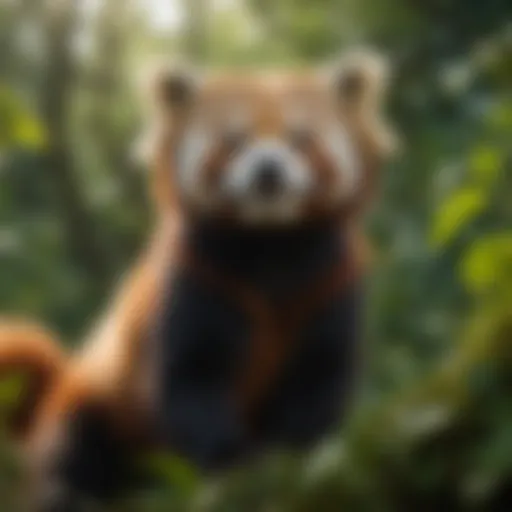 A red panda perched among lush greenery, showcasing its unique fur and playful demeanor.