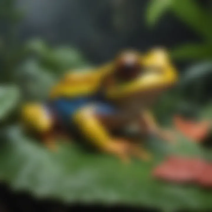 Close-up view of exotic frogs resting on leaves, showcasing their vivid colors and patterns