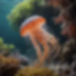 A vibrant jellyfish gliding through the crystal-clear waters of a coral reef.