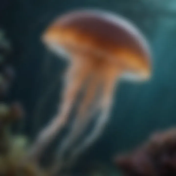An underwater scene depicting jellyfish in the open ocean, highlighting their preferred depth.