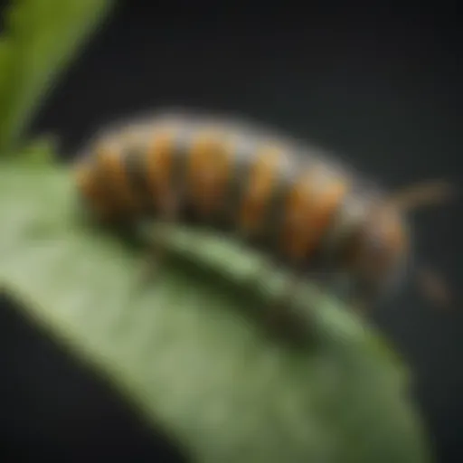 Close-up of a monarch caterpillar on a milkweed plant.