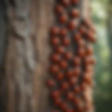 Cluster of ladybugs on a tree trunk