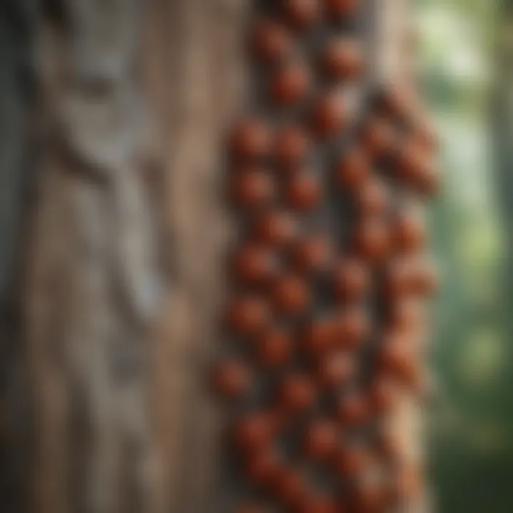 Cluster of ladybugs on a tree trunk