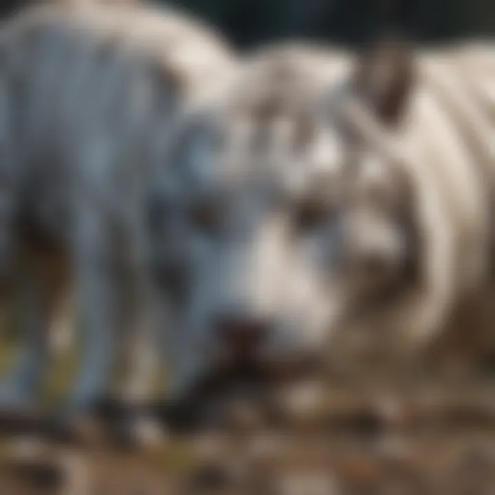 White tiger feeding on a wild boar