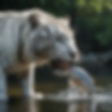 White tiger with a fish in its mouth