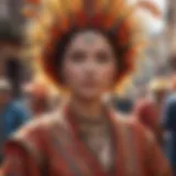 A vibrant cultural parade celebrating a feast day with traditional attire and decorations.