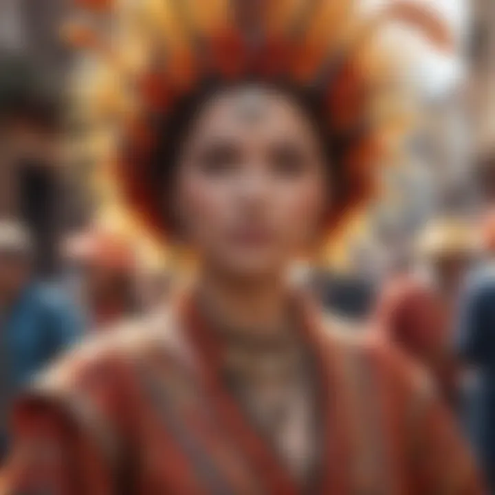 A vibrant cultural parade celebrating a feast day with traditional attire and decorations.