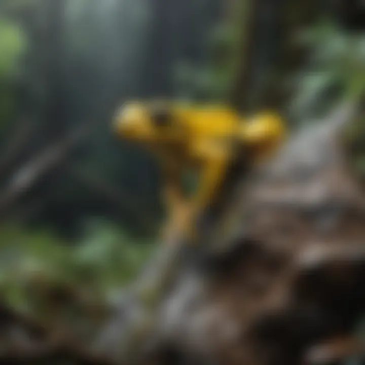 Conservation efforts depicting a yellow poison dart frog habitat restoration