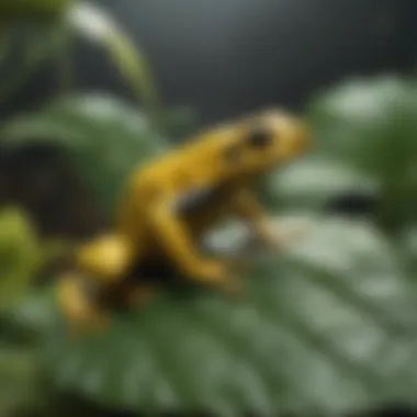 Yellow poison dart frog perched on a leaf, highlighting its diet